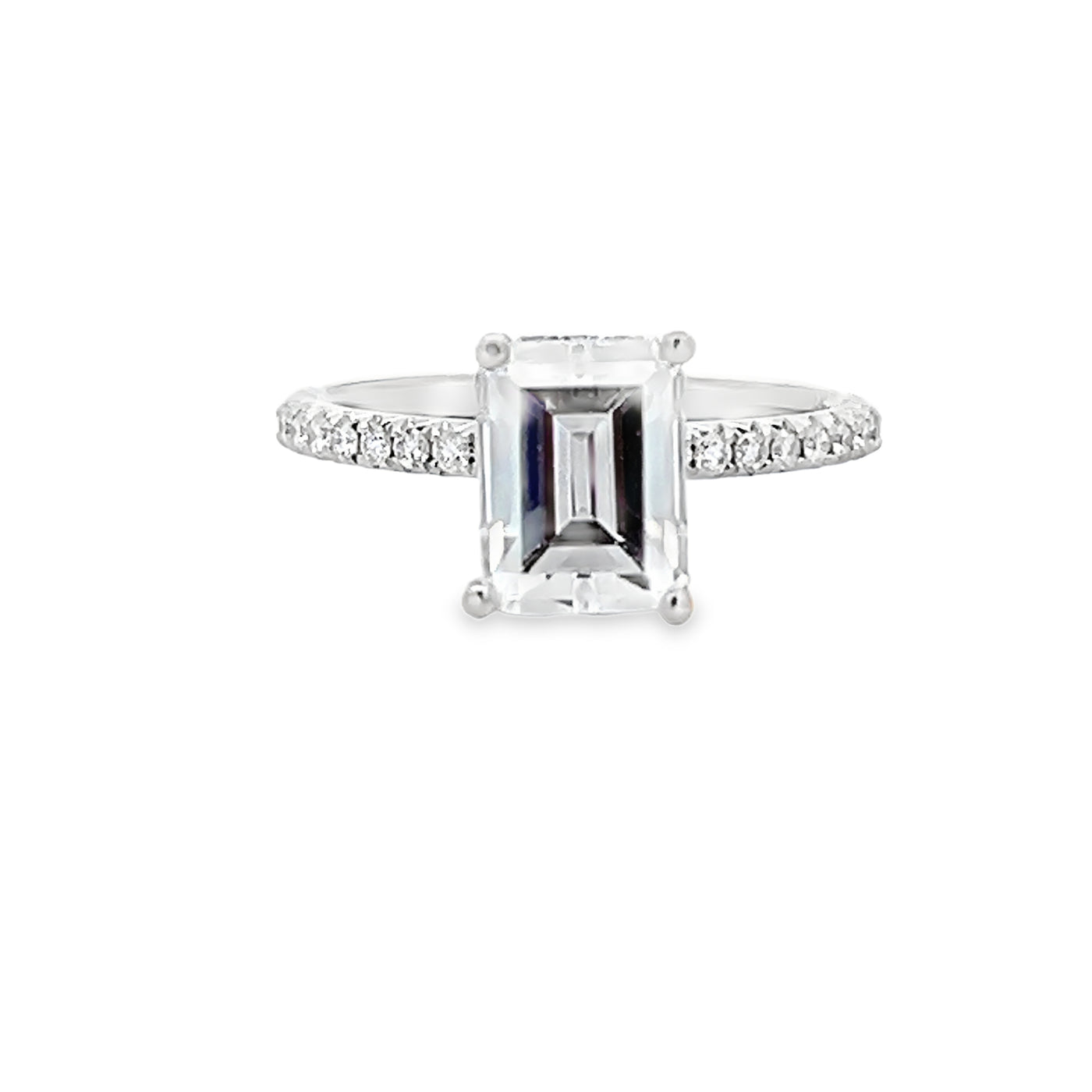 18k White Gold Round Diamond Prong Set Hidden Halo Engagement Ring Setting for an Emerald Cut Center Stone (0.26ctw.)