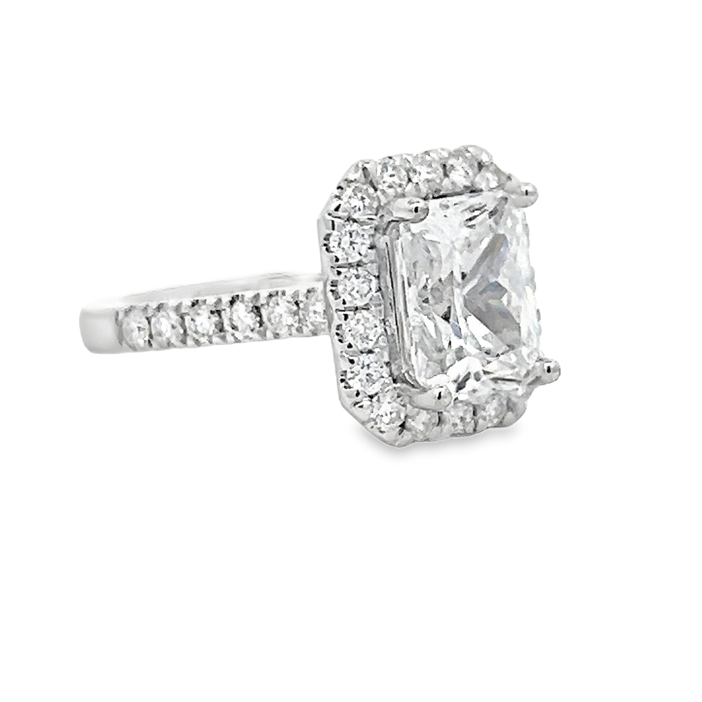 14k White Gold Round Diamond Prong Set Halo Engagement Ring Setting for an Emerald Cut Center Stone (0.71ctw.)