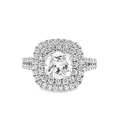 14k White Gold Round Diamond Prong Set Double Halo Engagement Ring Setting (0.95ctw.)