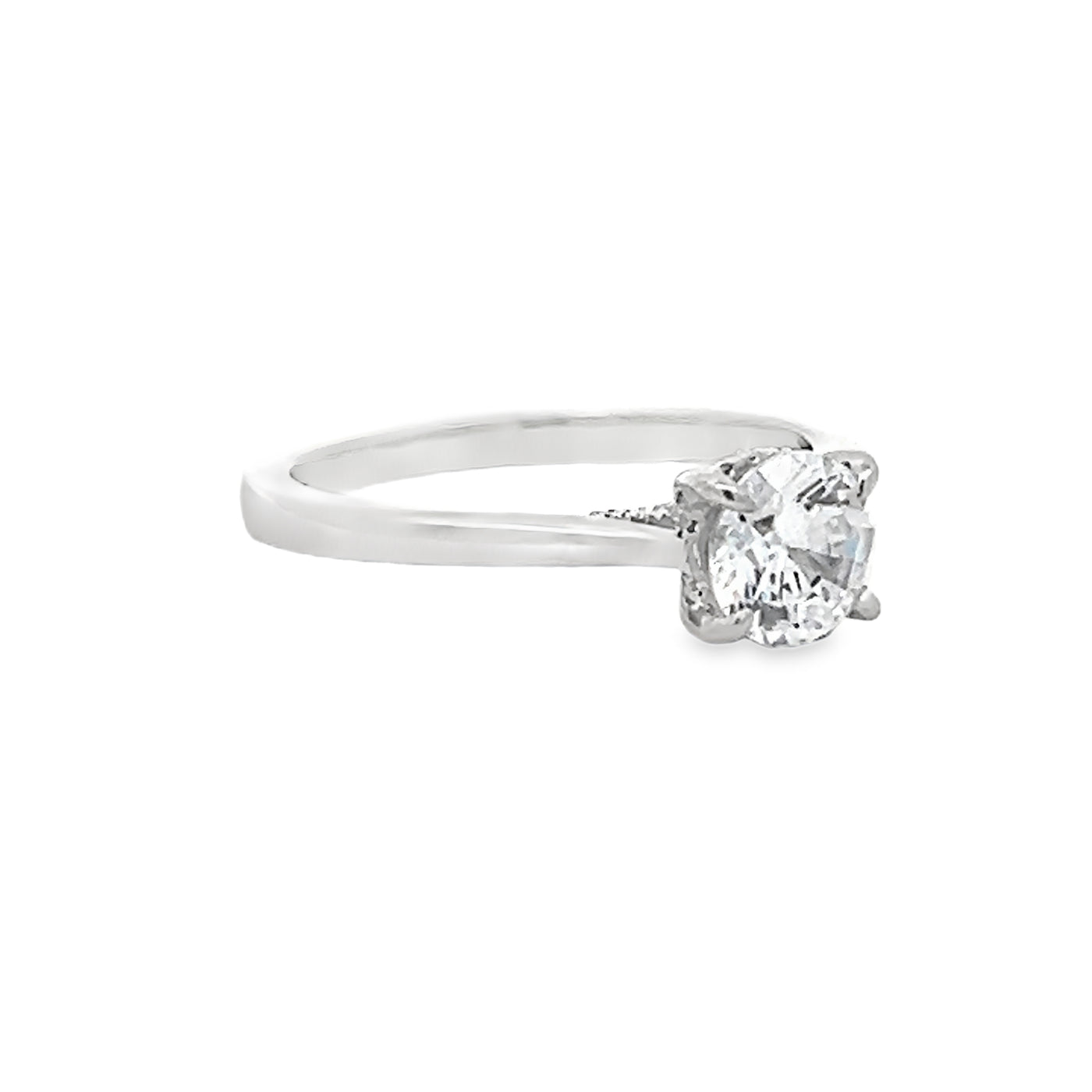 14k White Gold Round Diamond Prong Set Hidden Halo Engagement Ring Setting (0.09ctw.)