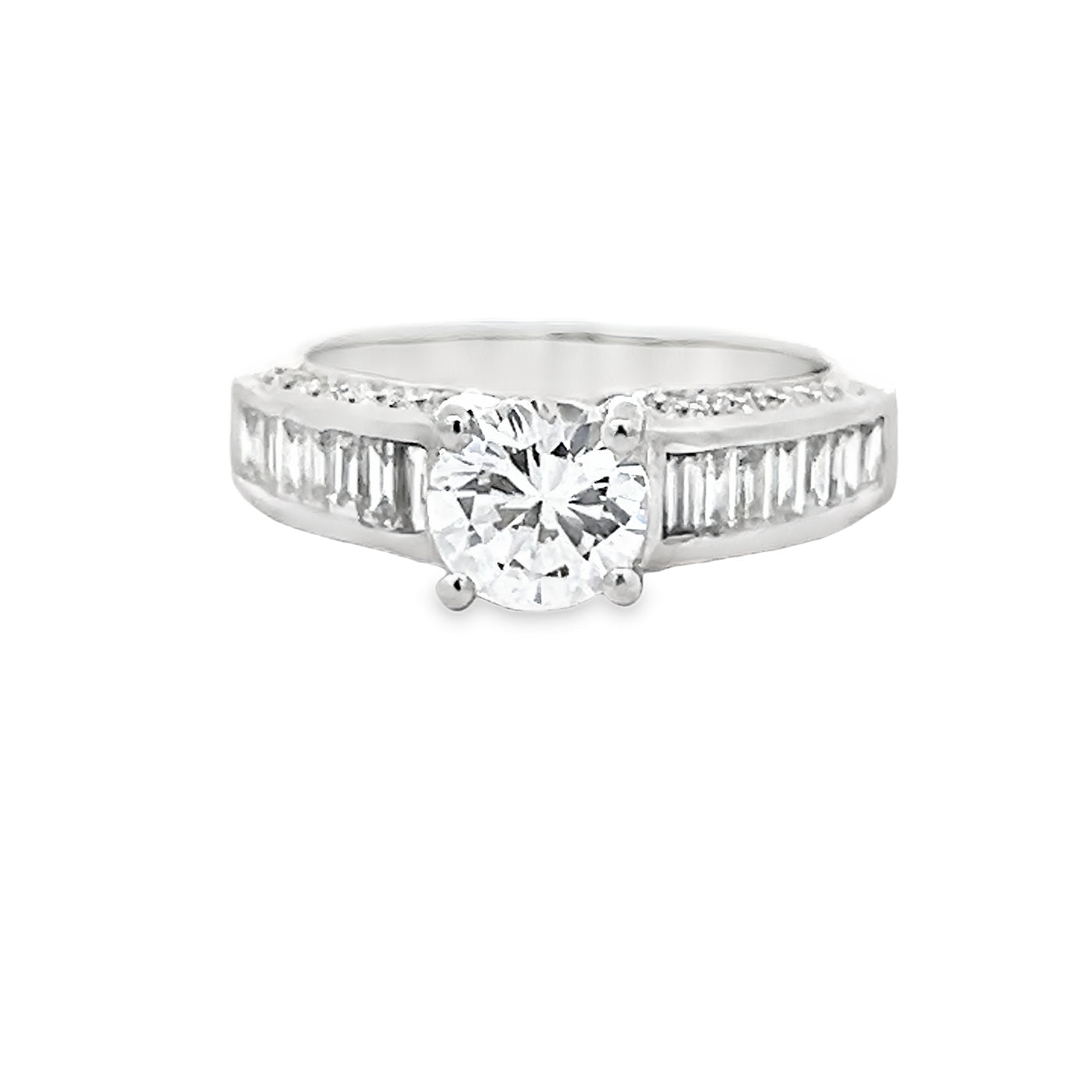 14k White Gold Round and Baguette Diamond Prong Set Hidden Halo Engagement Ring Setting (0.81ctw.)