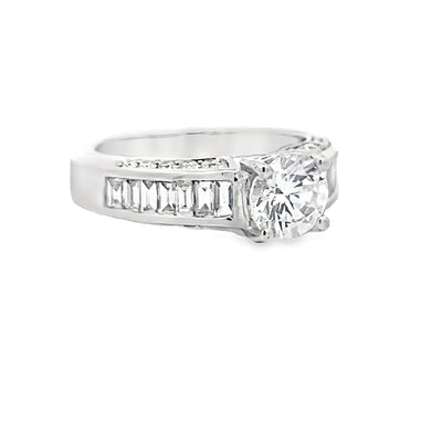 14k White Gold Round and Baguette Diamond Prong Set Hidden Halo Engagement Ring Setting (0.81ctw.)