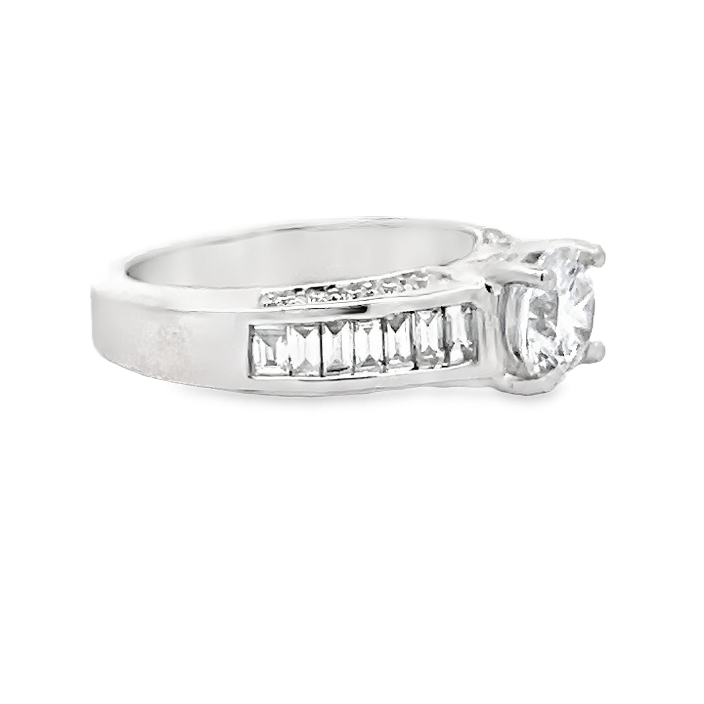 14k White Gold Round and Baguette Diamond Prong Set Hidden Halo Engagement Ring Setting (0.81ctw.)