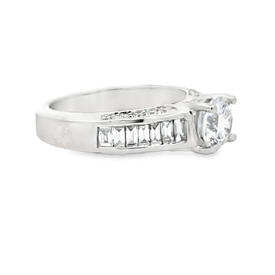 14k White Gold Round and Baguette Diamond Prong Set Hidden Halo Engagement Ring Setting (0.81ctw.)