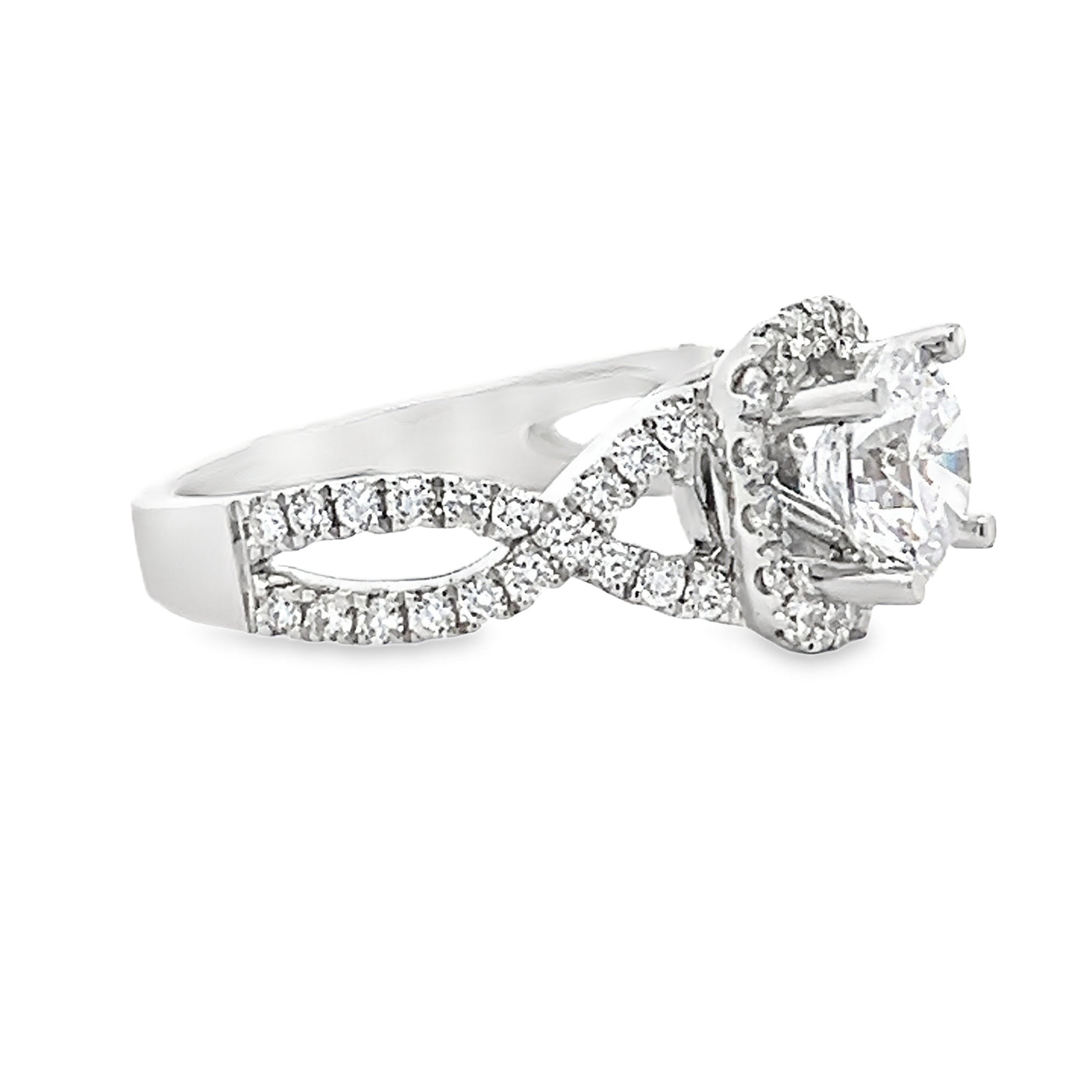 14k White Gold Round Diamond Prong Set Halo Twist Engagement Ring Setting (0.72ctw.)