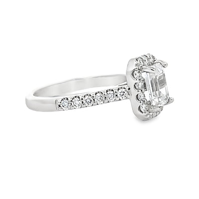 14k White Gold Round Diamond Halo Engagement Ring Setting for an Emerald Cut Center Stone (0.52ctw)