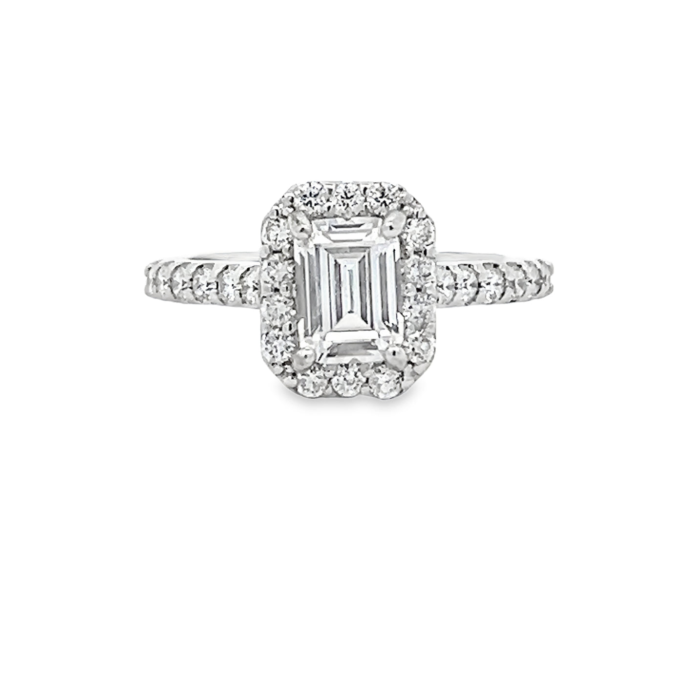 14k White Gold Round Diamond Halo Engagement Ring Setting for an Emerald Cut Center Stone (0.52ctw)