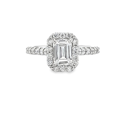 14k White Gold Round Diamond Halo Engagement Ring Setting for an Emerald Cut Center Stone (0.52ctw)