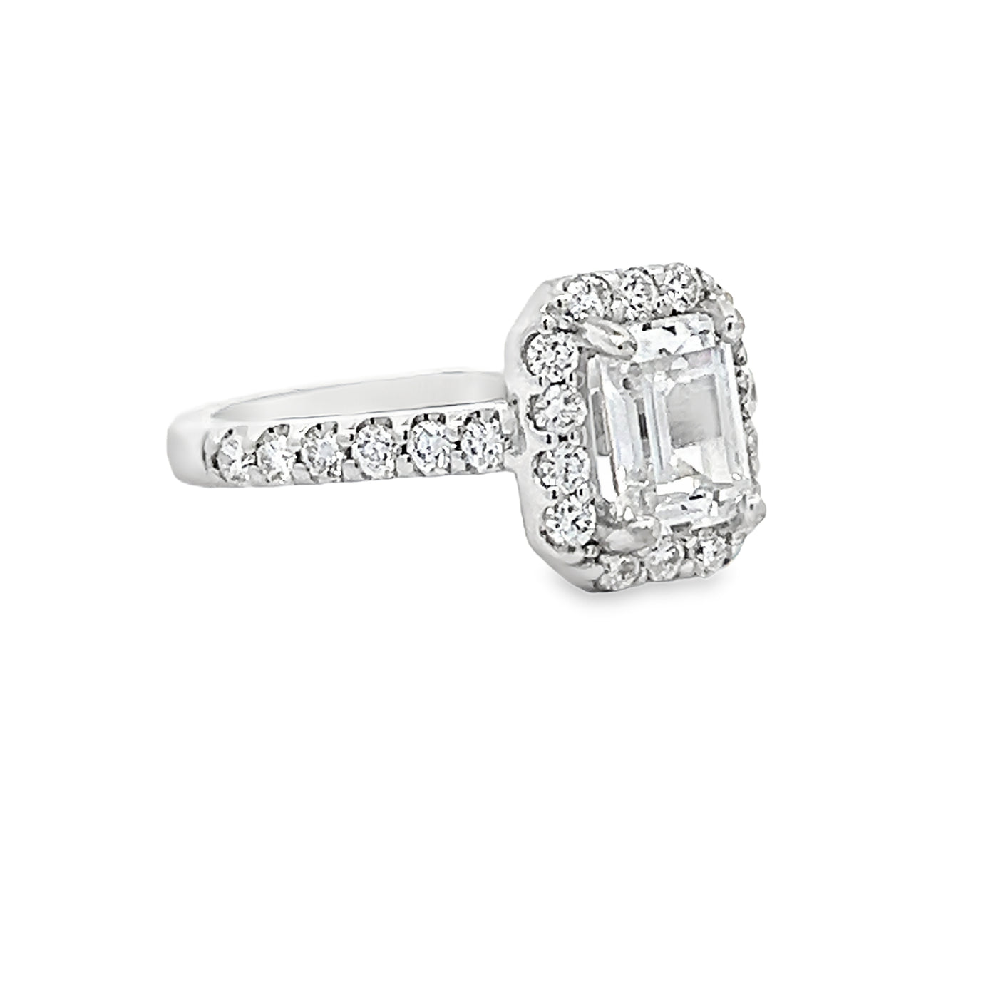 14k White Gold Round Diamond Halo Engagement Ring Setting for an Emerald Cut Center Stone (0.52ctw)