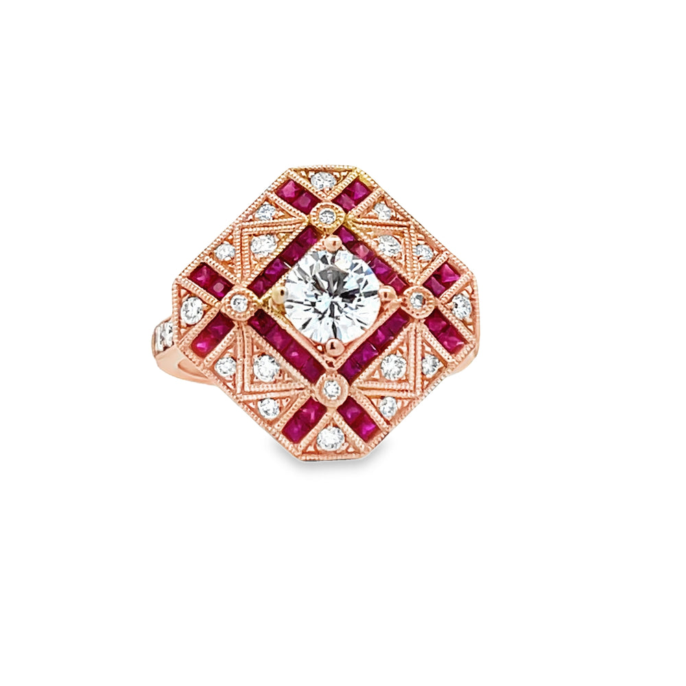 14k Rose Gold Princess Cut Ruby and Round Diamond Engagement Ring Setting (0.74ctw.)