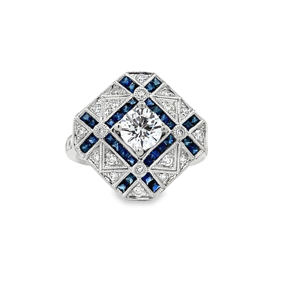 14k White Gold Princess Cut Sapphire and Round Diamond Halo Engagement Ring Setting (0.64ctw.)