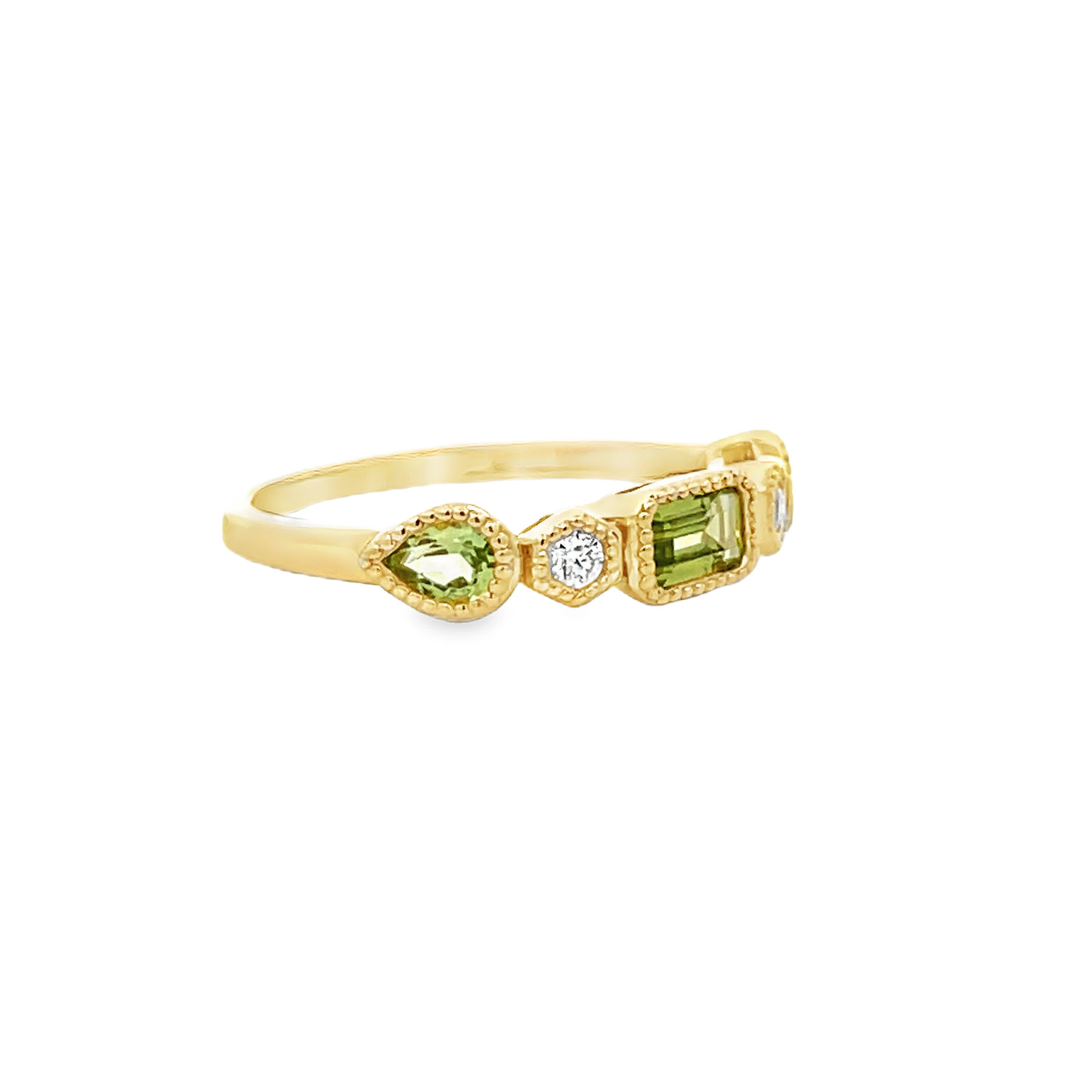 14k Yellow Gold Emerald Cut and Pear Shape Peridot and Round Diamond Anniversary Band (0.66ctw.)