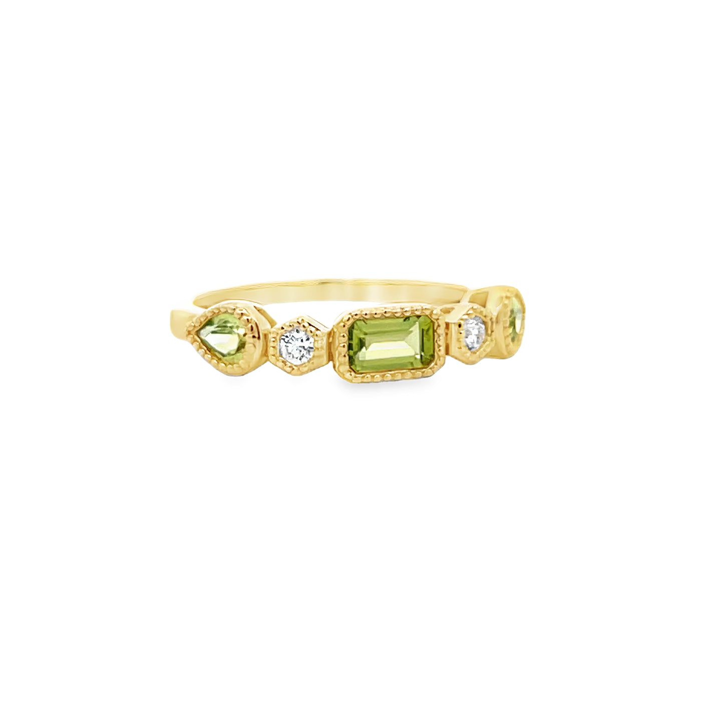 14k Yellow Gold Emerald Cut and Pear Shape Peridot and Round Diamond Anniversary Band (0.66ctw.)