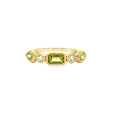 14k Yellow Gold Emerald Cut and Pear Shape Peridot and Round Diamond Anniversary Band (0.66ctw.)