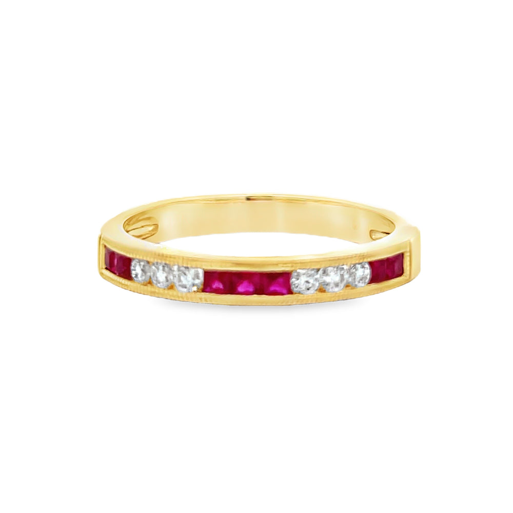 14k Yellow Gold Princess Cut Ruby and Round Diamond Channel Set Anniversary Band (0.24ctw.)