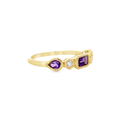 14k Yellow Gold Emerald Cut and Pear Shape Amethyst and Diamond Anniversary Band (0.54ctw.)