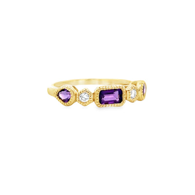 14k Yellow Gold Emerald Cut and Pear Shape Amethyst and Diamond Anniversary Band (0.54ctw.)