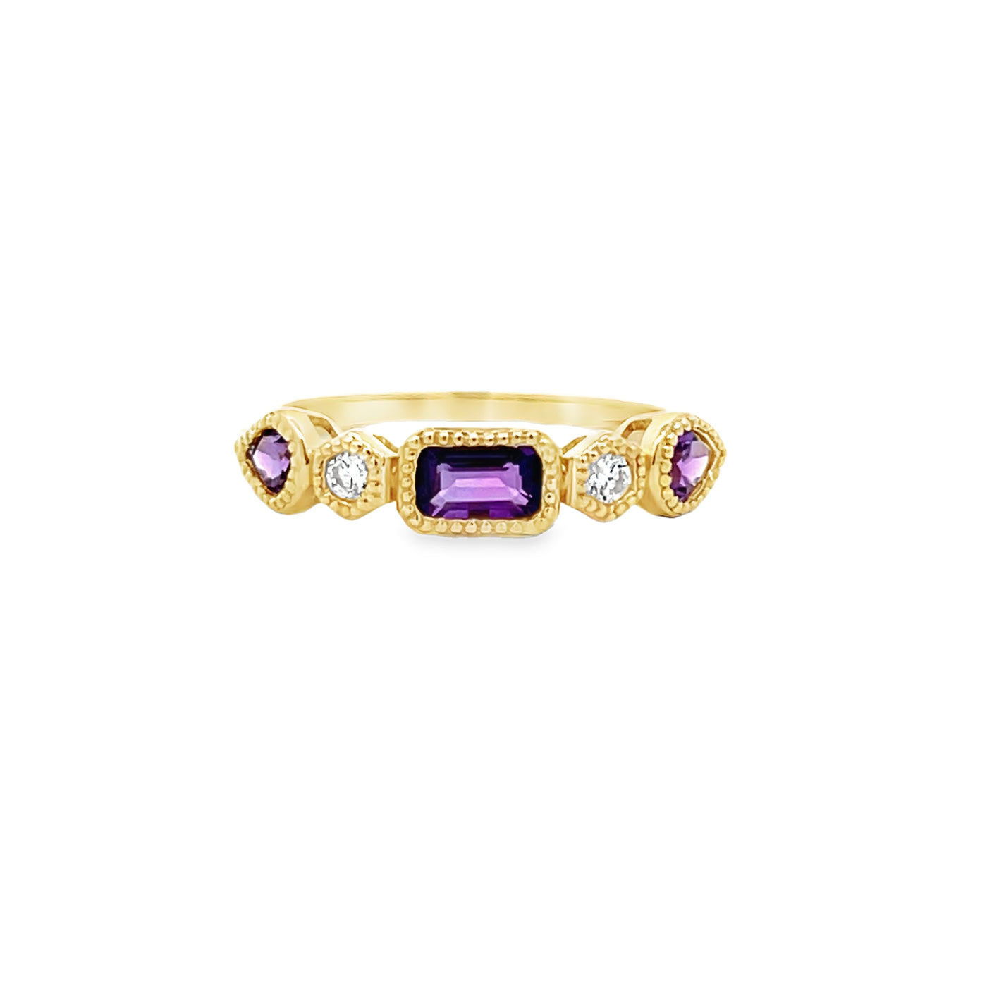 14k Yellow Gold Emerald Cut and Pear Shape Amethyst and Diamond Anniversary Band (0.54ctw.)