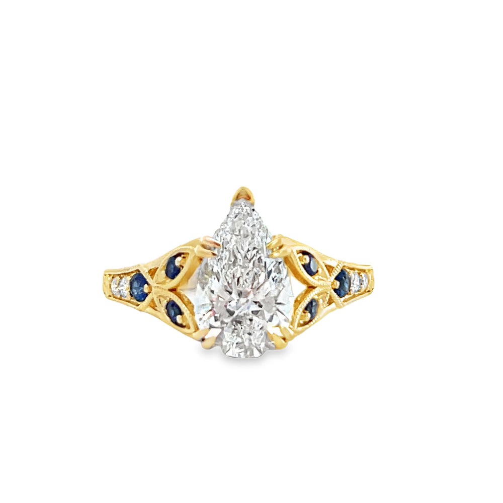 Estate 14k Yellow Gold Pear Shape Lab Grown Diamond and Round Lab Grown Sapphire Engagement Ring (1.51ct.)