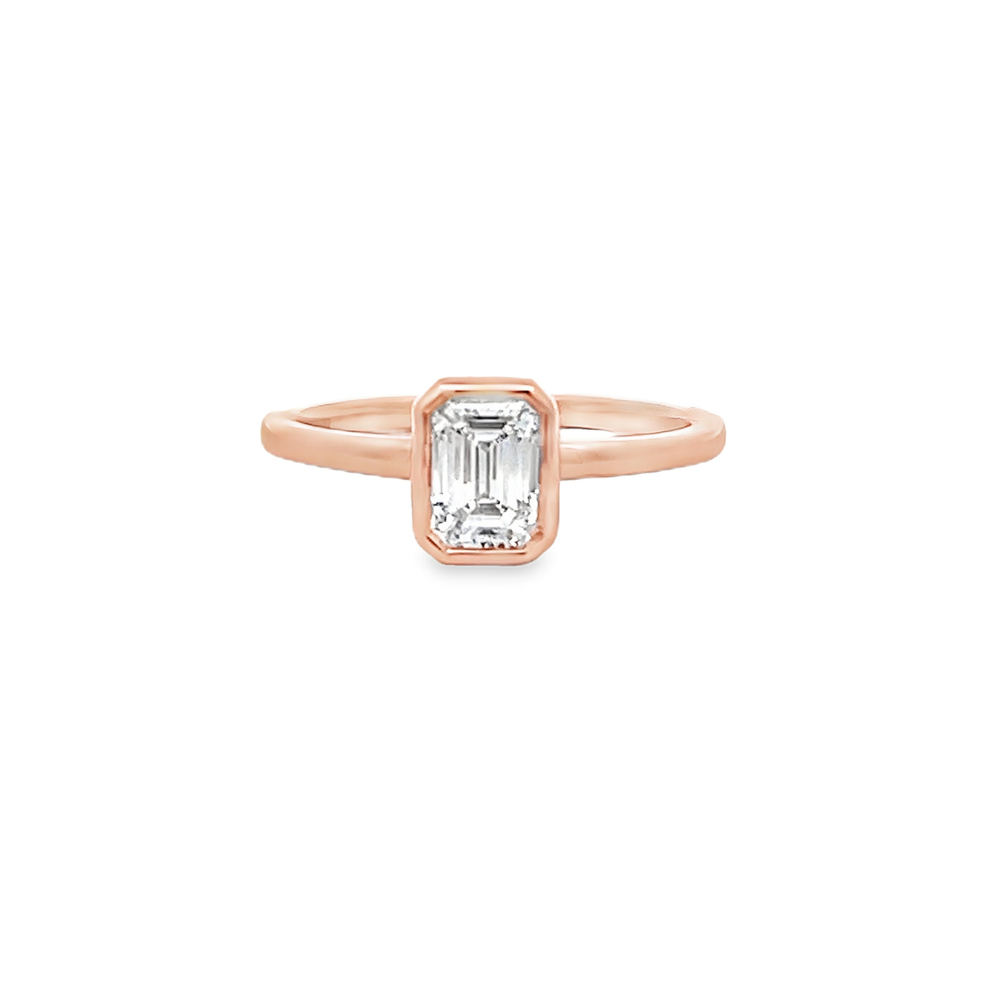 14k Rose Gold Bezel Set Emerald Cut Lab Grown Diamond Solitaire Engagement Ring (0.73ct.)