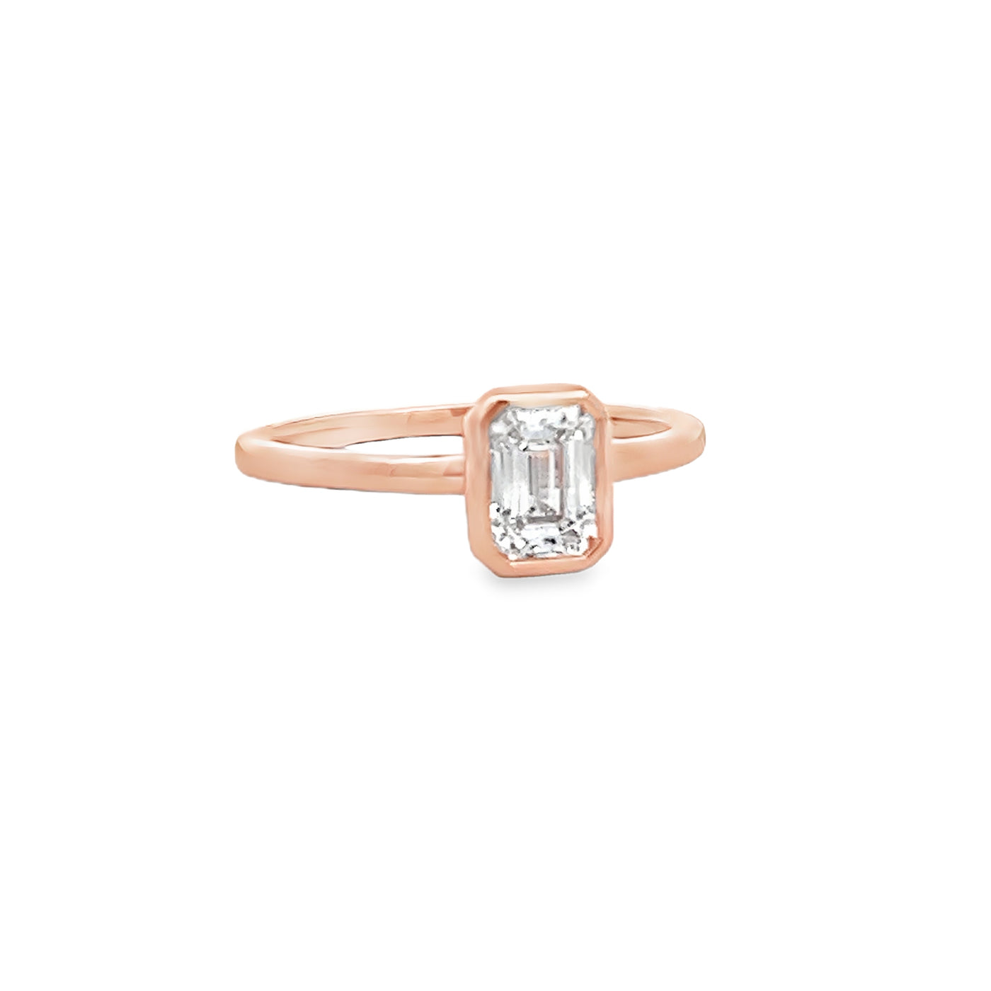 14k Rose Gold Bezel Set Emerald Cut Lab Grown Diamond Solitaire Engagement Ring (0.73ct.)