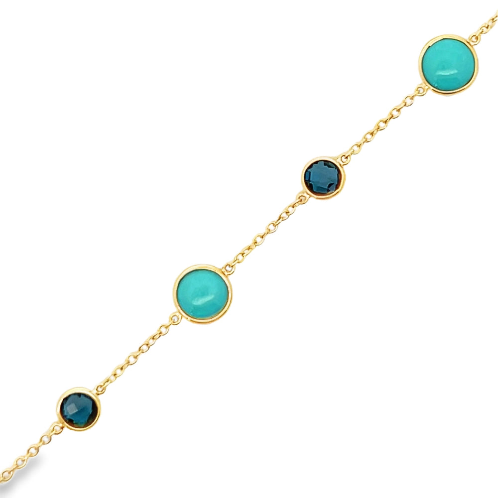 14k Yellow Gold Round Briolette Turquoise and Blue Topaz Bezel Set Station Bracelet