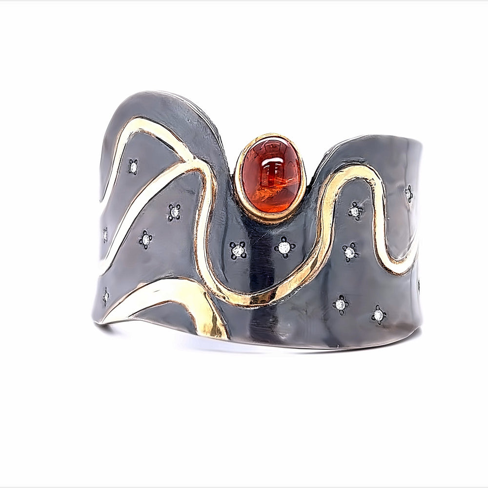 Oxidized Sterling Silver and 18k Yellow Gold Garnet Pathways Bracelet by Paul Richter (9.81ct.)