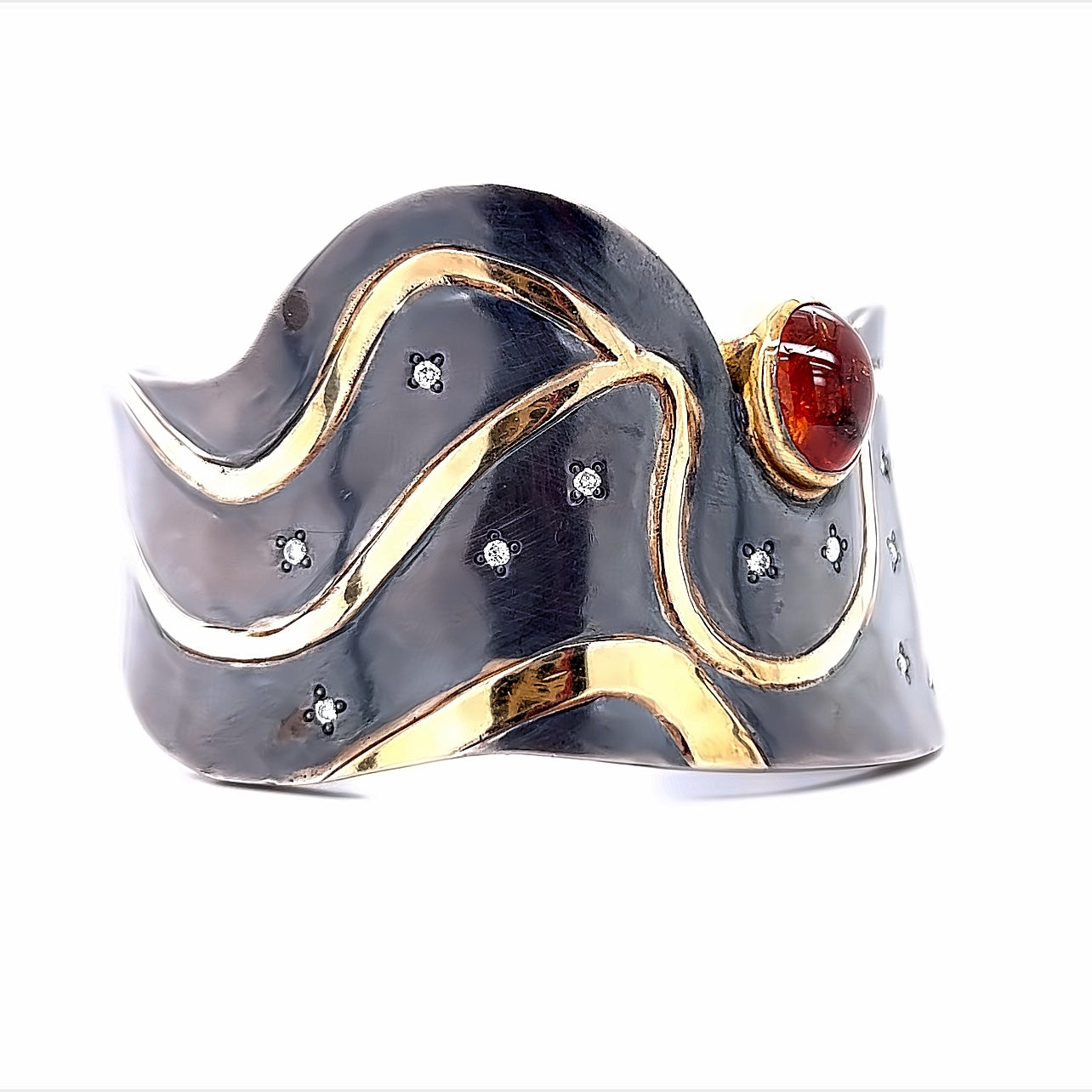 Oxidized Sterling Silver and 18k Yellow Gold Garnet Pathways Bracelet by Paul Richter (9.81ct.)