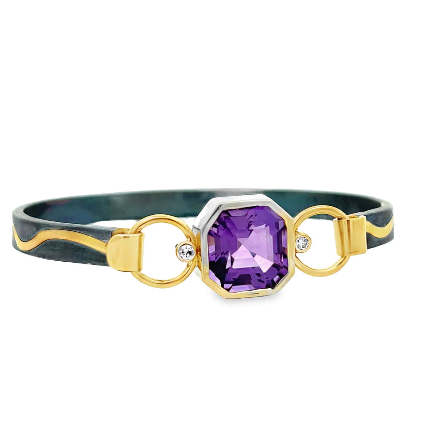 Oxidized Sterling Silver and Two Tone Gold Amethyst and Diamond Pathways Cuff Bracelet by Paul Richter (8.32ct.)