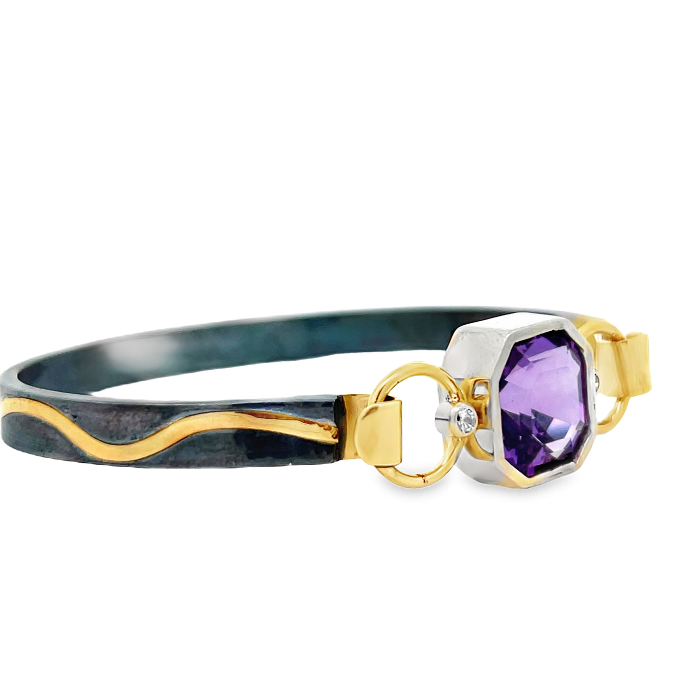 Oxidized Sterling Silver and Two Tone Gold Amethyst and Diamond Pathways Cuff Bracelet by Paul Richter (8.32ct.)