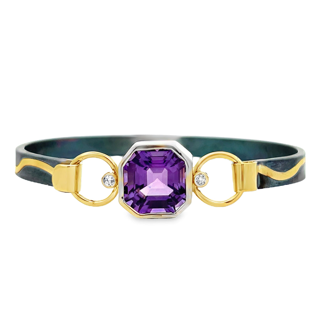 Oxidized Sterling Silver and Two Tone Gold Amethyst and Diamond Pathways Cuff Bracelet by Paul Richter (8.32ct.)