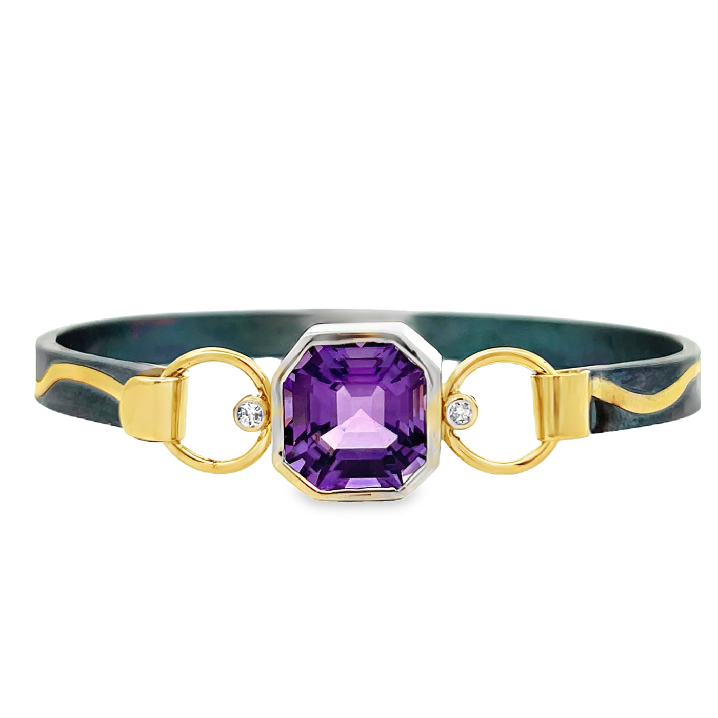 Oxidized Sterling Silver and Two Tone Gold Amethyst and Diamond Pathways Cuff Bracelet by Paul Richter (8.32ct.)