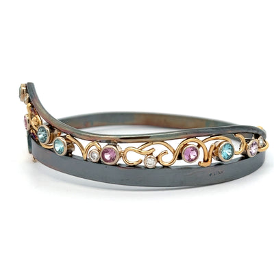 Oxidized Sterling Silver and 18k Yellow Gold Multistone Racine Bangle Bracelet by Paul Richter