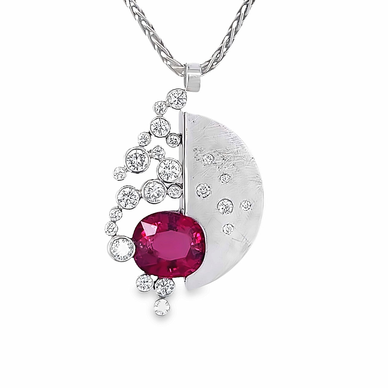 Custom 14k White Gold Oval Red Tourmaline and Diamond Pendant by Paul Richter