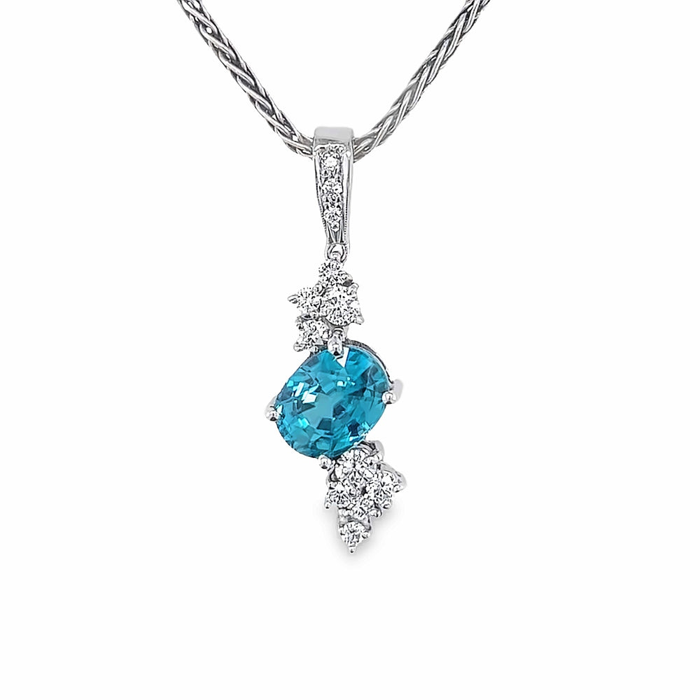 Custom 14k White Gold Oval Blue Zircon and Diamond Pendant by Paul Richter