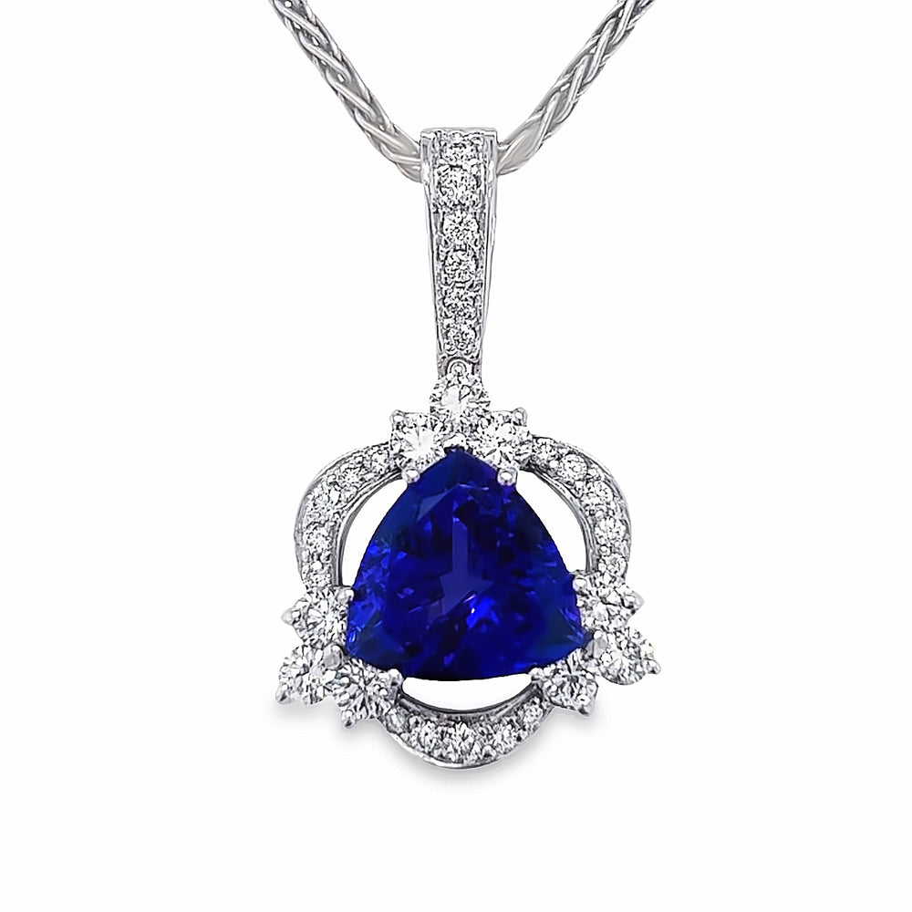 Custom 14k White Gold Trillion Tanzanite and Diamond Pendant by Paul Richter