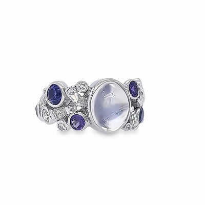 Custom 14k White Gold Oval Moonstone, Purple Sapphire and Diamond Ring by Paul Richter