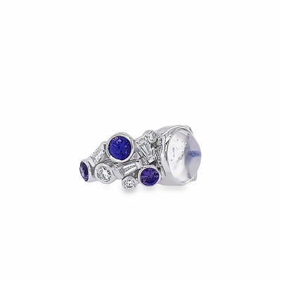 Custom 14k White Gold Oval Moonstone, Purple Sapphire and Diamond Ring by Paul Richter