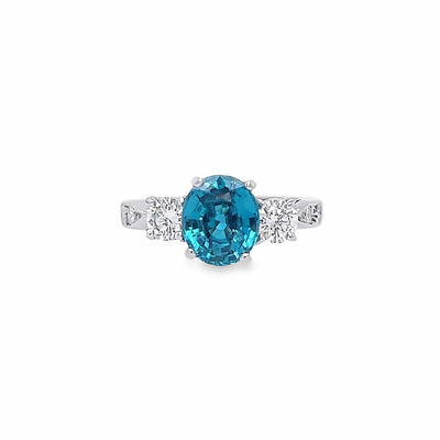 Custom 14k White Gold Oval Blue Zircon and Diamond Ring by Paul Richter