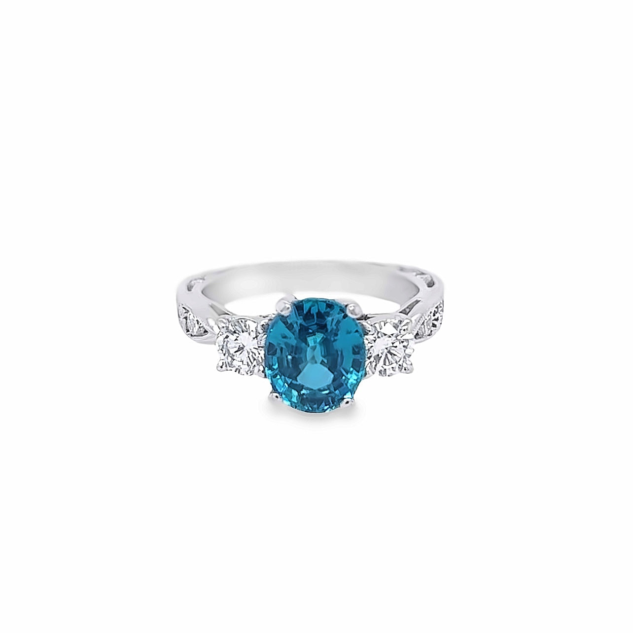 Custom 14k White Gold Oval Blue Zircon and Diamond Ring by Paul Richter
