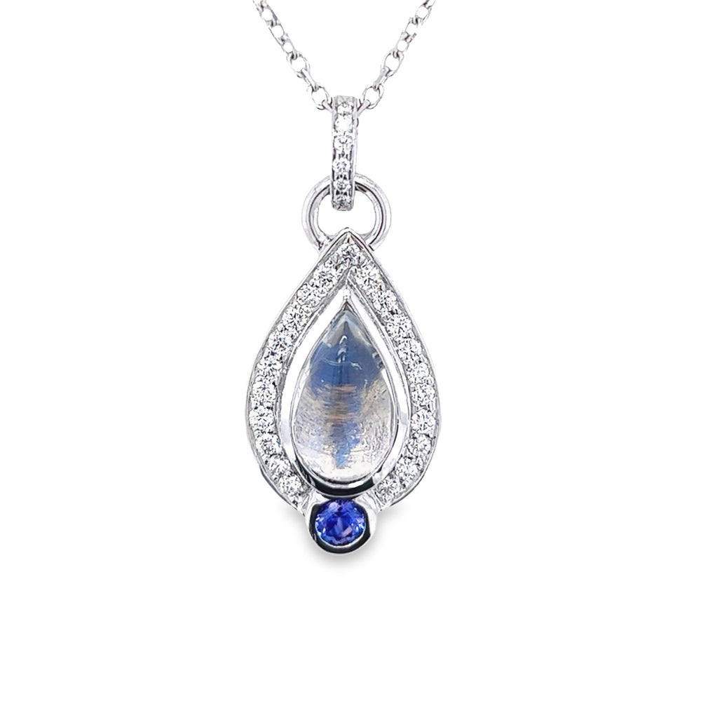 Custom 14k White Gold Moonstone, Sapphire and Diamond Pendant by Paul Richter