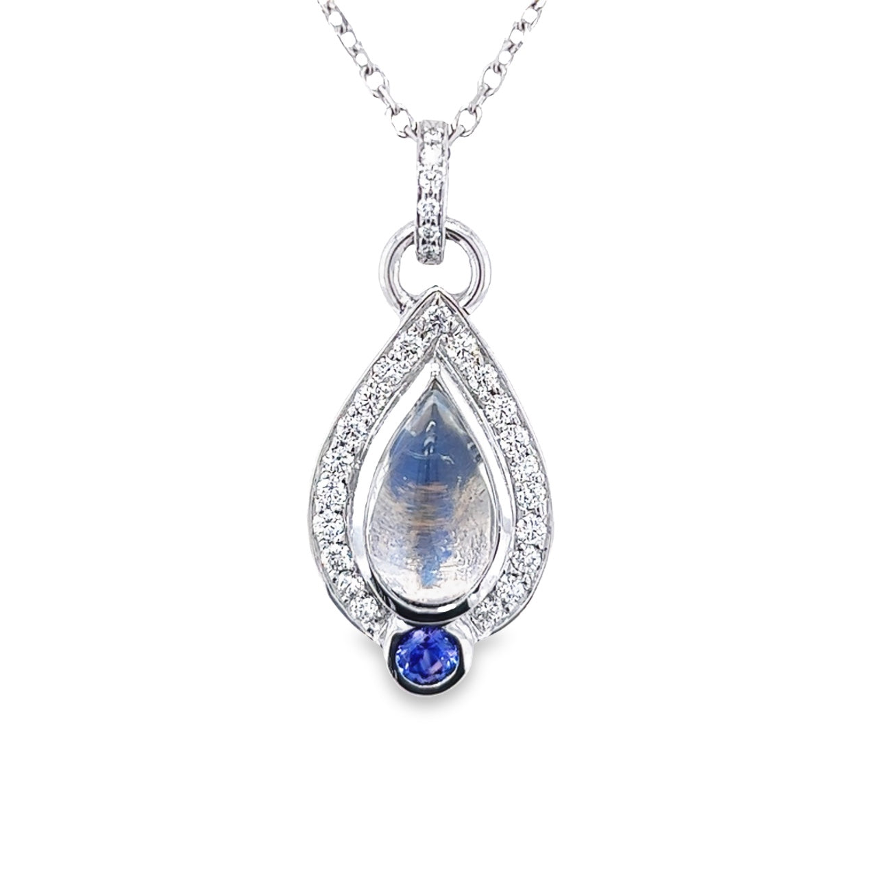 Custom 14k White Gold Moonstone, Sapphire and Diamond Pendant by Paul Richter