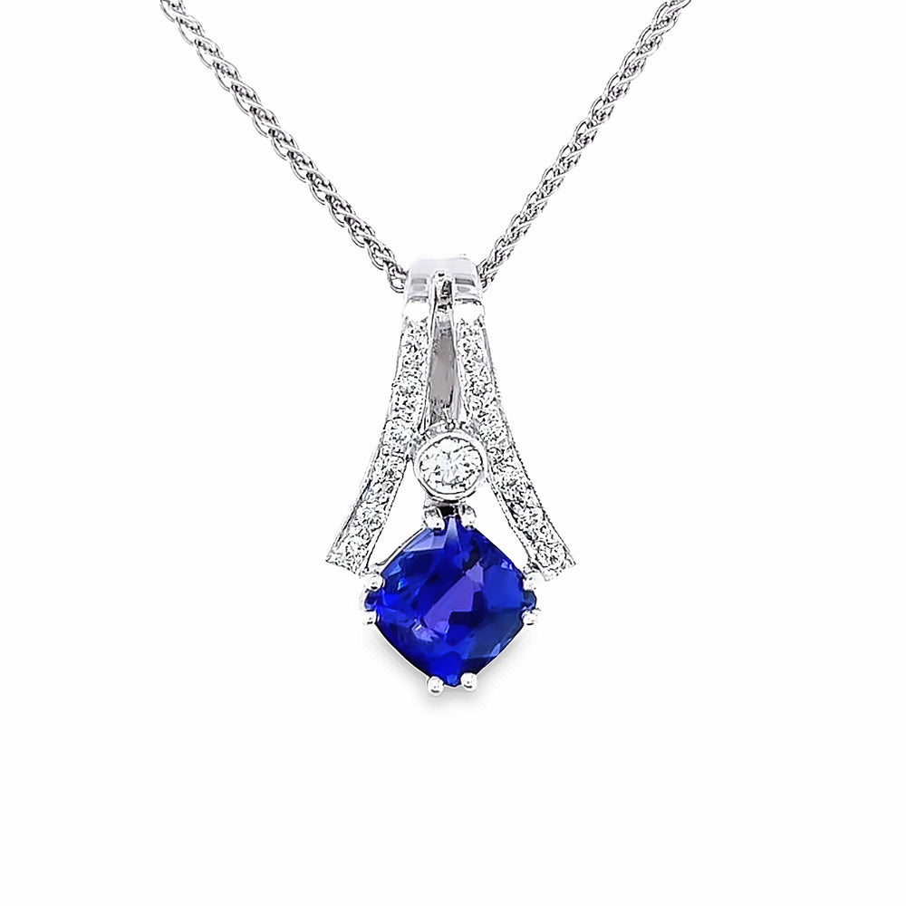 Custom 14k White Gold Cushion Cut Tanzanite and Diamond Pendant by Paul Richter