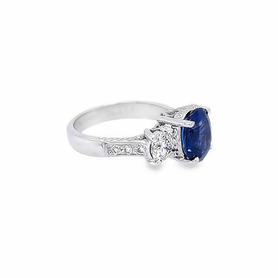 Custom 14k White Gold Oval Sapphire and Diamond Three Stone Ring by Paul Richter