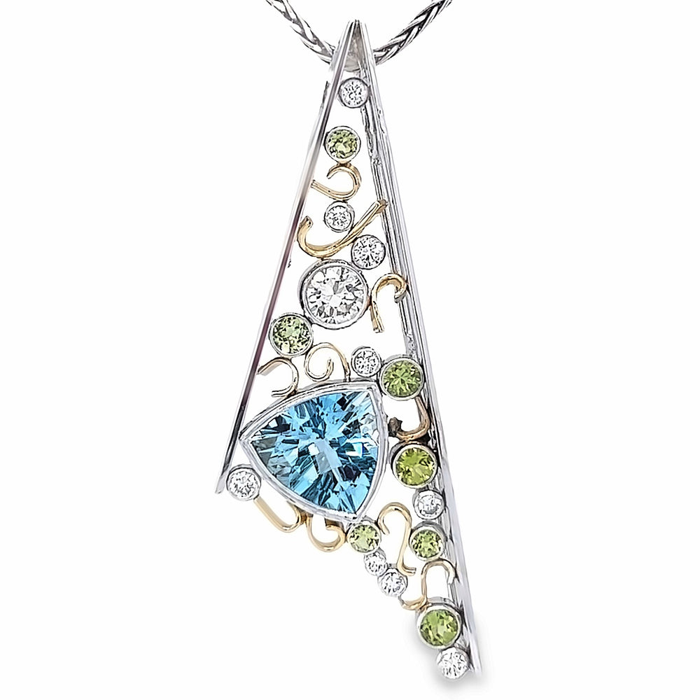 Custom Two-Tone White and Yellow Gold Aquamarine, Peridot and Diamond Racine Pendant by Paul Richter