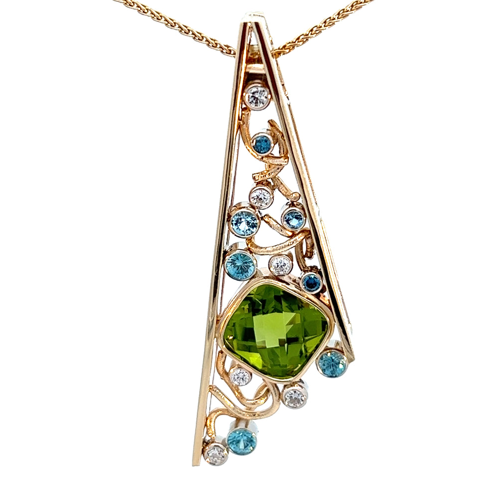 Custom 14k Yellow Gold Peridot, Aquamarine, Zircon and Diamond Racine Pendant by Paul Richter