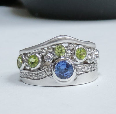 Custom 14k White Gold Sapphire, Peridot and Diamond Ring by Paul Richter