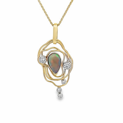 Custom 14k Two Tone Yellow and White Gold Opal and Diamond Vines Pendant by Paul Richter