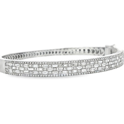 18k White Gold Baguette Cut and Round Diamond Bangle Bracelet (2.65ctw.)