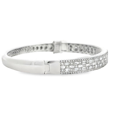 18k White Gold Baguette Cut and Round Diamond Bangle Bracelet (2.65ctw.)